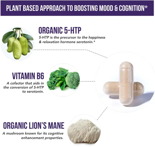 Vista 3 de 5-HTP Orgánico - 200 mg Concentración de 99% de 5HTP, más Vitamina B6 Cofactor y Lion’s Mane Extraído del Agua de Semillas de Griffonia
