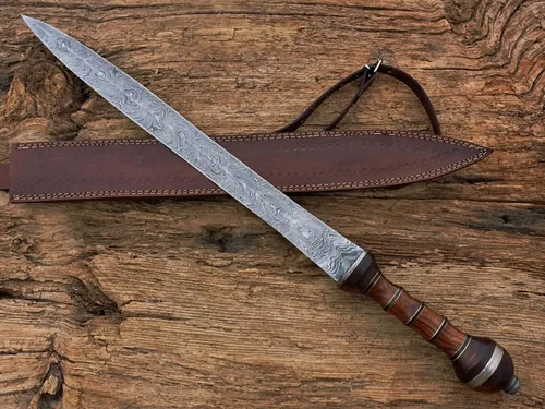 Vista 7 de Espada de gladiador de acero de Damasco/Espada de Gladius romana hecha a mano con funda de cuero.