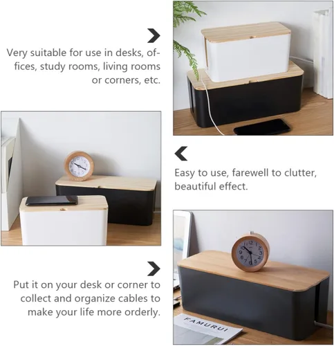 Vista 3 de Toyvian Cable Storage Box Power Line Manager with Natural Wood Lid, Medium Black Charging Cable Organizer for Home and Office Cord Management