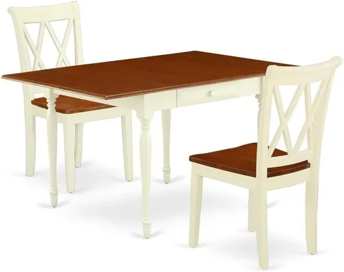 Vista 9 de East West Furniture MZCL3-LWH-C - Juego de mesa de comedor moderno de 3 piezas que contiene una mesa rectangular de madera con gotas y 2 sillas