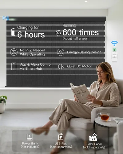 Vista 4 de Tokblind Persianas motorizadas de cebra con control remoto, persianas enrollables eléctricas de doble capa compatibles con Alexa a través del Hub