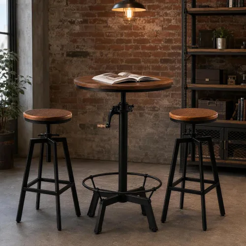 Vista 9 de Taburetes de bar industriales, silla de comedor de cocina, taburete de metal de madera, silla giratoria de altura ajustable, negro, juego de 2 Tapa