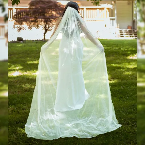 Vista 3 de Bambi Elegant Bridal Cathedral Veil with Artificial Pearl Design - White, 118.1 inches Long