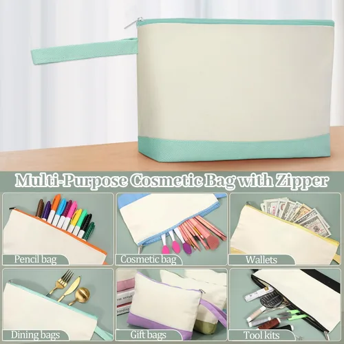 Vista 5 de Silkfly Bolsas de maquillaje de lona de algodón con cremallera cosmética de 10.2 x 5.5 x 2 pulgadas, bolsa de bricolaje en blanco a granel