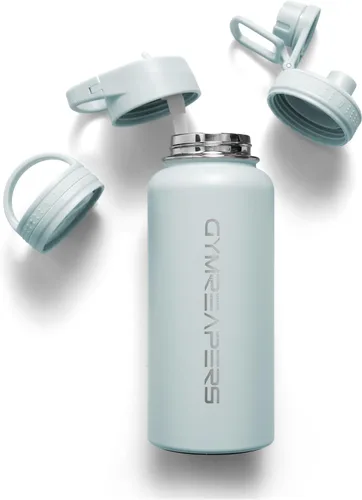 Vista 9 de Gymreapers Botella de agua aislada - Acero inoxidable 32 oz, 3 tapas (pajita, trago, cantimplora), aislamiento al vacío de doble pared, taza térmica