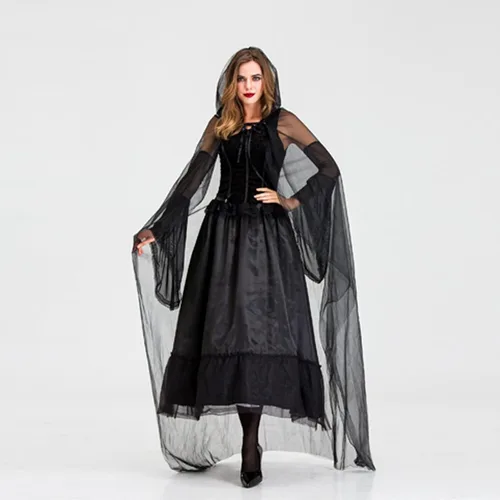 Vista 3 de Vestido de Halloween para mujer, disfraz de bruja con capa de muerte