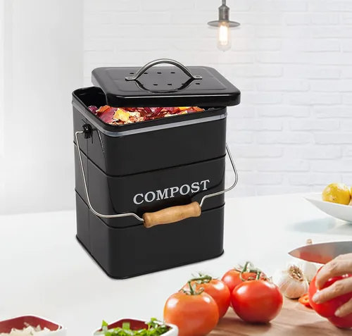 Vista 4 de Cubo de compostaje para encimera de cocina, cubo de compostaje para interiores, ideal para restos de comida, acero al carbono, asas, negro, 1 galón