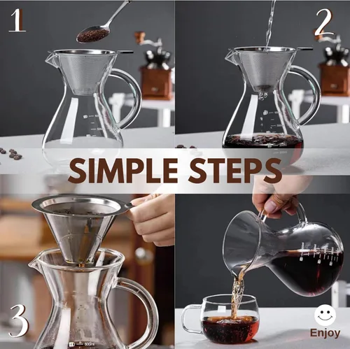 Vista 4 de Cafetera vertida, jarra de vidrio de borosilicato de 27 onzas (27.1 fl oz), filtro de acero inoxidable reutilizable, gotero sin papel