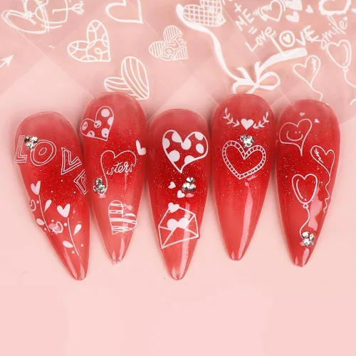 Vista 5 de Calcomanías de arte de uñas de corazón de San Valentín, calcomanías de uñas blancas para el día de San Valentín, calcomanías de uñas autoadhesivas