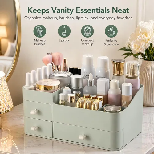 Vista 9 de Organizador de maquillaje para tocador, organizador grande de encimera con cajones, almacenamiento de cosméticos para el cuidado de la piel