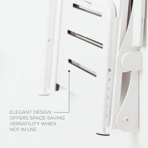 Vista 7 de Seachrome Silhouette Comfort Plus Asiento plegable resistente para ducha de montaje en pared con reposabrazos y patas, asiento blanco con marco