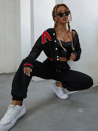 Vista 6 de Verdusa Chaqueta bomber de manga larga con estampado de letras para mujer
