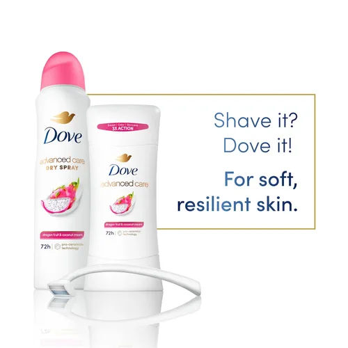 Vista 6 de Dove Advanced Care - Desodorante antitranspirante en aerosol para mujeres, paquete de 3 unidades de fruta del dragón y crema de coco, 72 horas