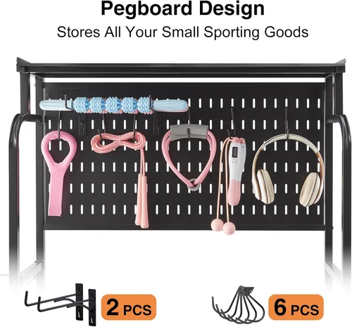Vista 3 de 56'' Taller Home Gym Storage Organizer, Red Modern Alloy Steel Workout Equipment Storage Rack with Wheels and Hooks
