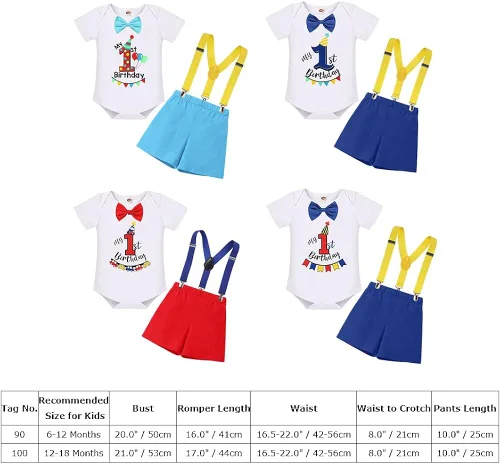 Vista 7 de Conjunto de traje de banderín para el primer cumpleaños de bebé niño, pajarita, pantalones cortos, tirantes en la espalda en Y, sesiones de fotos