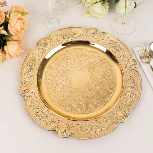 Vista 40 de Efavormart - Paquete de 6 platos de carga de plástico acrílico con relieve de encaje rústico dorado de 13 pulgadas