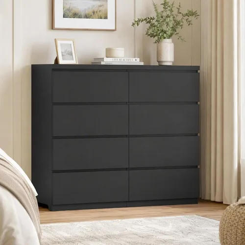 Vista 10 de Cómoda negra de 6 cajones para dormitorio, cómoda de cajones profundos moderna con diseño sin tirador, cómoda de almacenamiento con cajones, mueble