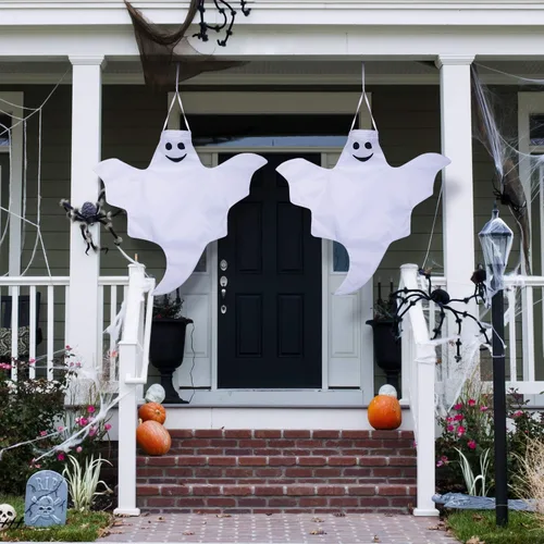 Vista 5 de Skylety 2 piezas de 32 pulgadas para decoración de fantasmas de Halloween al aire libre, manga de viento colgante de árbol, fantasmas voladores