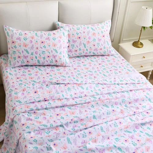 Vista 6 de Viviland Juego de sábanas tamaño matrimonial con estampado botánico de mariposas y flores rosadas y moradas, 4 piezas, sábanas de microfibra suave
