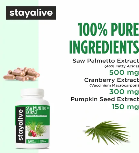 Vista 3 de STAY ALIVE Cápsulas de extracto de palma enana americana con aceite de semilla de arándano y calabaza, 120 píldoras veganas, palma enana americana