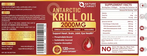 Vista 8 de NATURE TARGET Aceite de krill 2000 mg con Omega-3 y Astaxantina, 120 cápsulas blandas Omega 3 EPA and DHA with Choline, Helps Support Heart