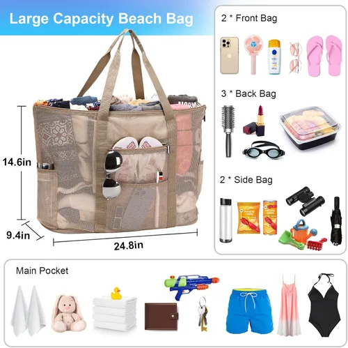 Vista 4 de Eslcorri Bolso de playa de malla Bolsa de playa extra grande con 11 bolsillos plegable bolsa de hombro para mujer