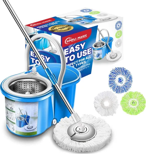 Vista 7 de SIMPLI-Magic Trapeador giratorio de 360° y cubo con escurridor - 3 cabezales lavables de microfibra de alta absorción - Juego de trapeador giratorio