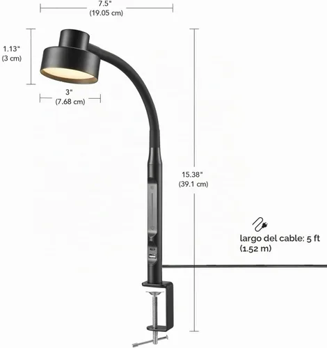 Vista 4 de Globe Electric 62000036 Lámpara de escritorio LED de 15" con abrazadera integrada, color negro mate, cuello de cisne de silicona ajustable