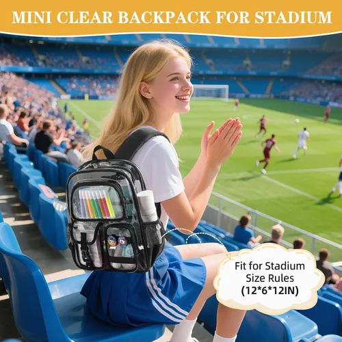 Vista 2 de Mini mochila transparente para estadio aprobada 12x6x12, pequeñas mochilas transparentes, Negro, Pequeño, Lindo