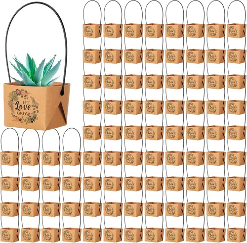 Vista 8 de Aliceset 100 bolsas de regalo para suculentas con asa de plástico, caja de regalo de papel kraft, cesta de regalo para baby shower, boda, fiesta,