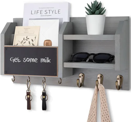 Vista 9 de Lwenki Soporte para llaves y correos – Colgador de pared para llaves con estante y 7 ganchos de metal – Organizador decorativo de entrada de madera