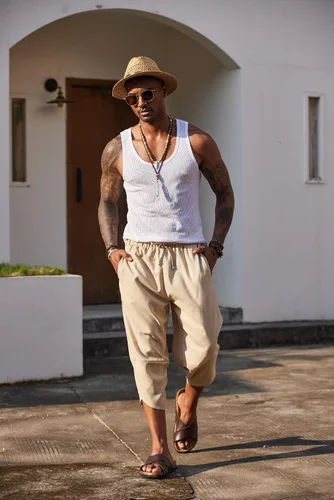 Vista 2 de COOFANDY Pantalones capri harén de lino para hombre, ligeros, sueltos, 34, con cordón elástico, cintura elástica, pantalones casuales para yoga