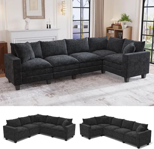 Vista 24 de Sofá seccional modular de 97 pulgadas con 5 asientos, sofá cómodo convertible en forma de L con almacenamiento en reposabrazos y dos almohadas