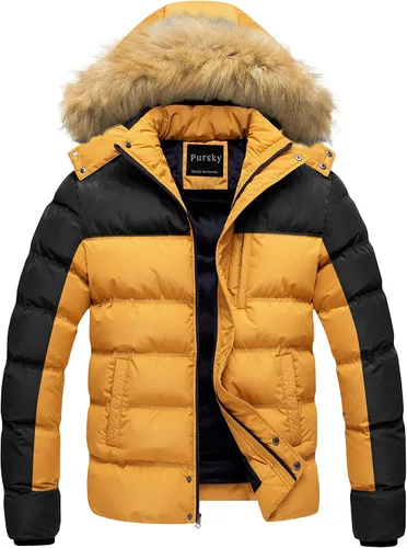 Vista 20 de Pursky Chaqueta de plumón impermeable para hombre, abrigos de invierno con capucha de piel para esquiar, parka con capucha de piel Verde militar