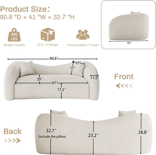 Vista 2 de Sofá curvado de 90.8 pulgadas para sala de estar, moderno y cómodo sofá de felpilla de 3 plazas sin hueso, asiento extra profundo y ancho con 2 Beige