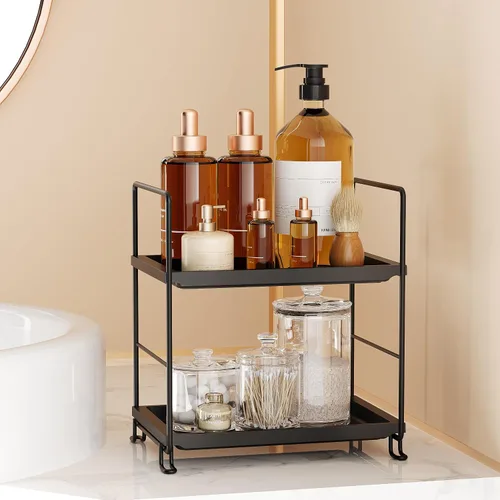 Vista 6 de NLBTW Organizador de encimera de baño de 2 niveles, de plástico grueso, organizador de perfumes para el cuidado de la piel para tocador, instalación