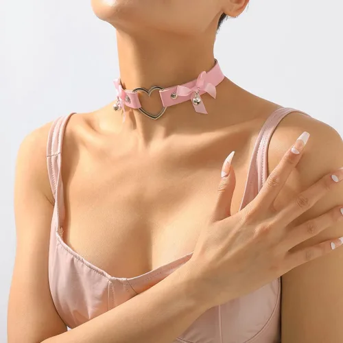 Vista 5 de Gargantilla gótica de cuero con forma de corazón, collar de campana con nudo de lazo, gargantilla punk sexy, collar de corazón hueco para mujer