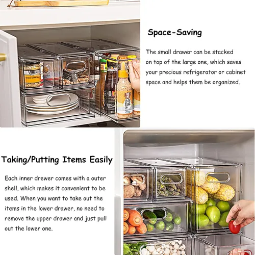 Vista 5 de Paquete de 3 contenedores organizadores de refrigerador con cajón extraíble, juego organizador de cajones apilables para refrigerador con asa
