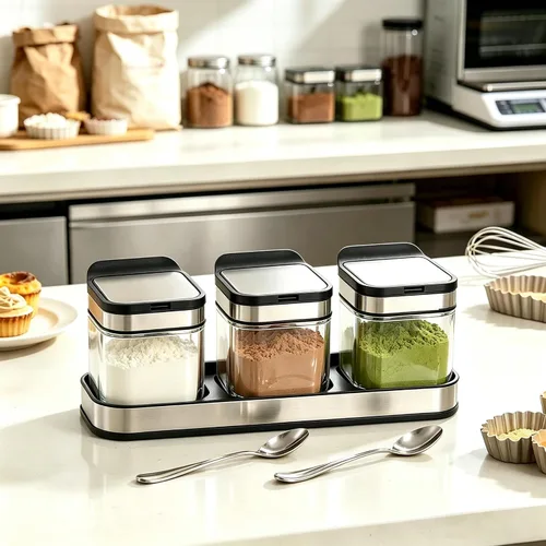 Vista 7 de DEAYOU Paquete de 3 cajas de condimentos de vidrio con bandeja, recipiente transparente para condimentos con tapa de acero inoxidable 18/10