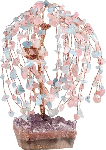 Vista 8 de Nupuyai Árbol de la riqueza de piedra de cristal de alambre de cobre con base de racimo de amatista, hecho a mano, bonsái para la buena suerte, Feng