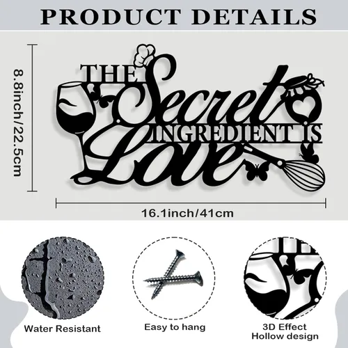 Vista 3 de Letrero de metal con texto en inglés "The Secret Ingredient is Love", decoración de pared de granja, comedor, cocina, regalo de inauguración