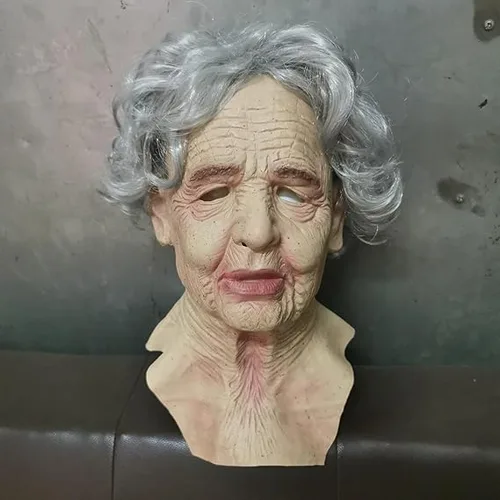 Vista 6 de Máscara de Halloween realista de anciano, máscara de látex humano espeluznante, antiarrugas de miedo para Halloween, cosplay, máscara de fiesta