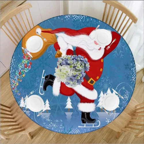 Vista 8 de Mantel redondo de Navidad, impermeable y borrable con borde elástico, jamón de cerdo asado servido con papas horneadas, se adapta a mesa redonda