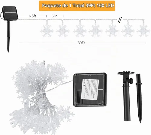 Vista 6 de Brightown Guirnalda de luces solares de copo de nieve de Navidad, 100 LED, 39 pies, impermeable, para exteriores, luces de hadas con 8 modos