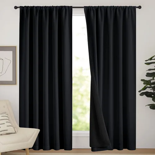 Vista 97 de NICETOWN Biscotti Beige 100% Cortinas opacas de 45" de largo para cocina, bolsillo con varilla para sótano completamente opaco, cortinas térmicas