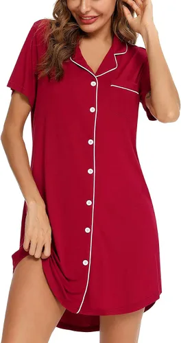 Vista 2 de Samring Camisón de pijama para mujer, manga cortalarga, con botones, camisón para dormir, camisón para novio, talla XXL