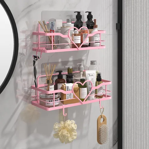 Vista 2 de Organizador de ducha rosa con 4 ganchos extraíbles, 2 paquetes de estantes de ducha Sweet Heart, estante organizador adhesivo sin perforaciones