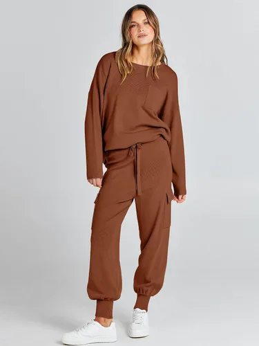 Vista 2 de Caracilia Conjunto de dos piezas para mujer, suéter de punto de manga larga y pantalones deportivos tipo cargo