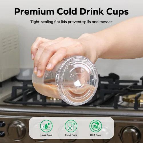 Vista 5 de 100 piezas de 12 onzas. Vasos desechables de plástico con tapas planas y popotes transparentes, vasos de fondo redondo para llevar café helado