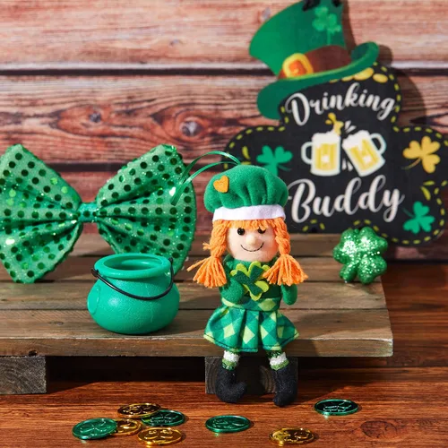 Vista 5 de Shappy 1 juego de duende de peluche para niño y niña, juguete de peluche del día de San Patricio con monedas de trébol y letra de caza del tesoro